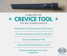 Infographic listing five uses for the SEBO crevice tool included with the Airbelt K2 Turbo canister vacuum.