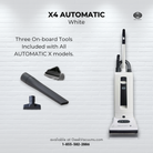 SEBO Automatic X4 upright vacuum in white with the three included onboard tools.