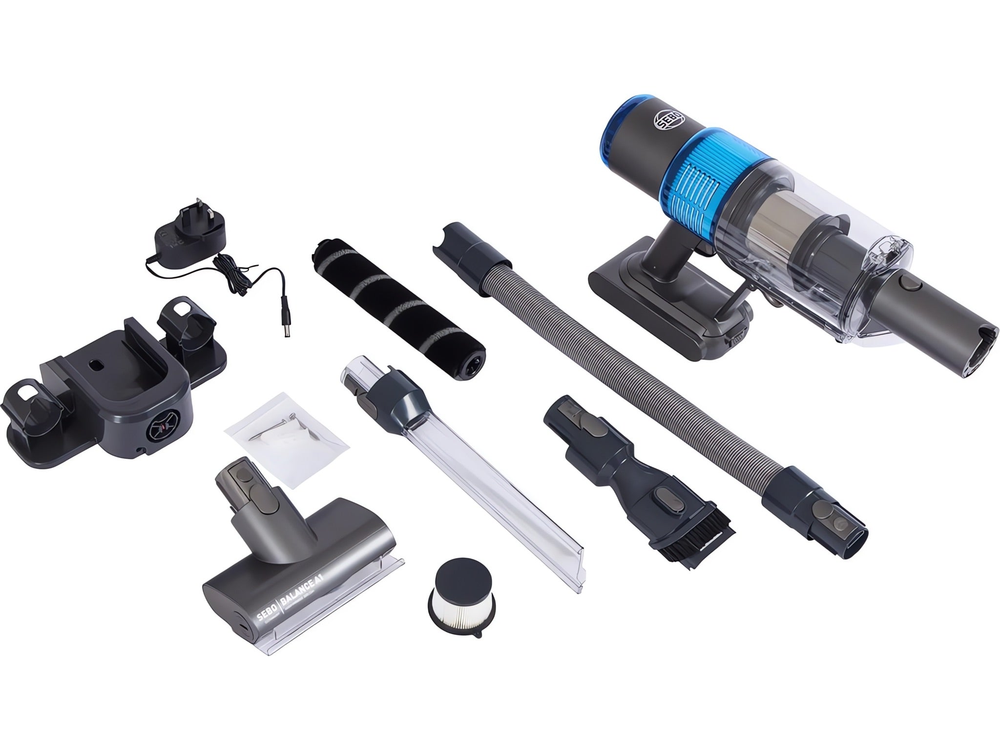 SEBO Balance A1 in blue with all its tools and accessories.