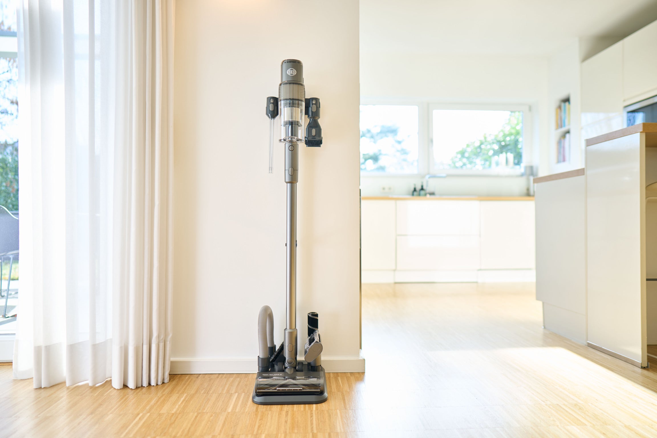 SEBO Balance A1 on its tool storage stand.