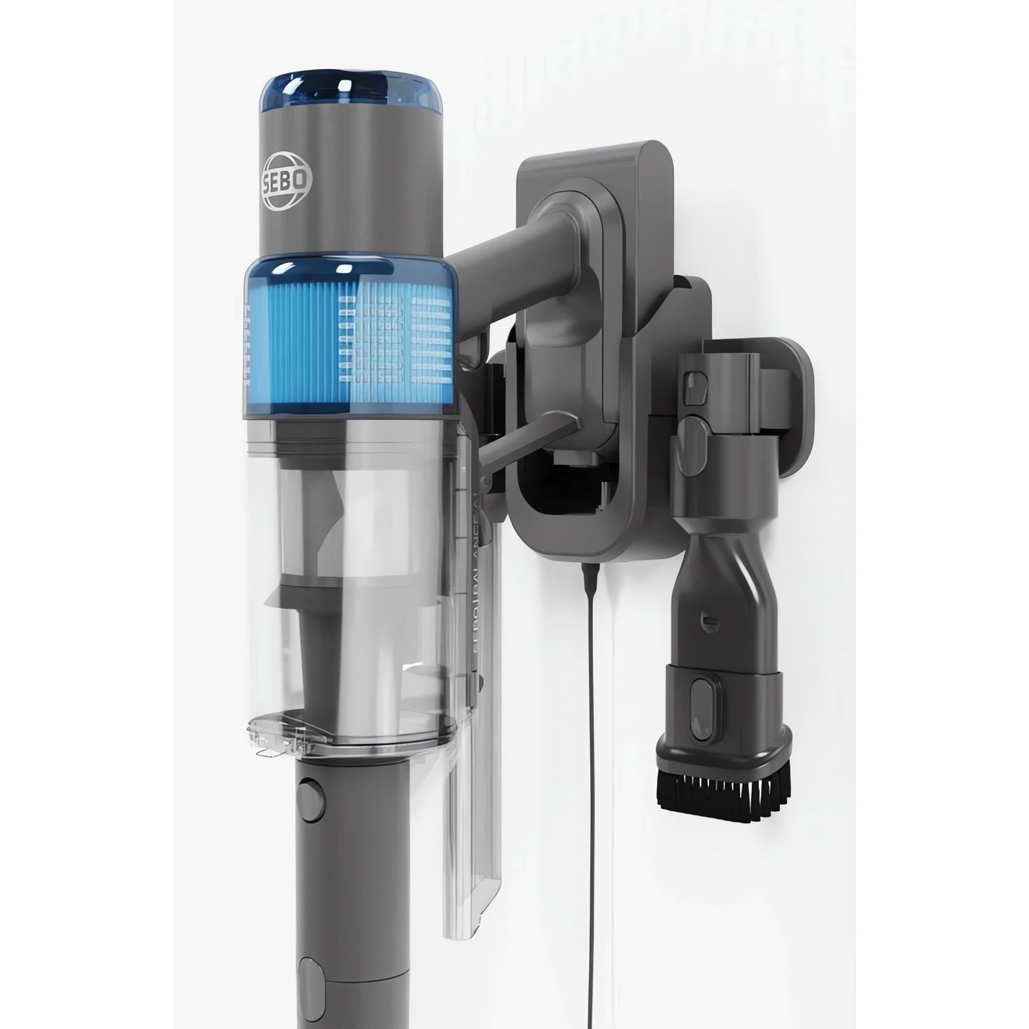 SEBO Balance A1 on its wall mount charging station.