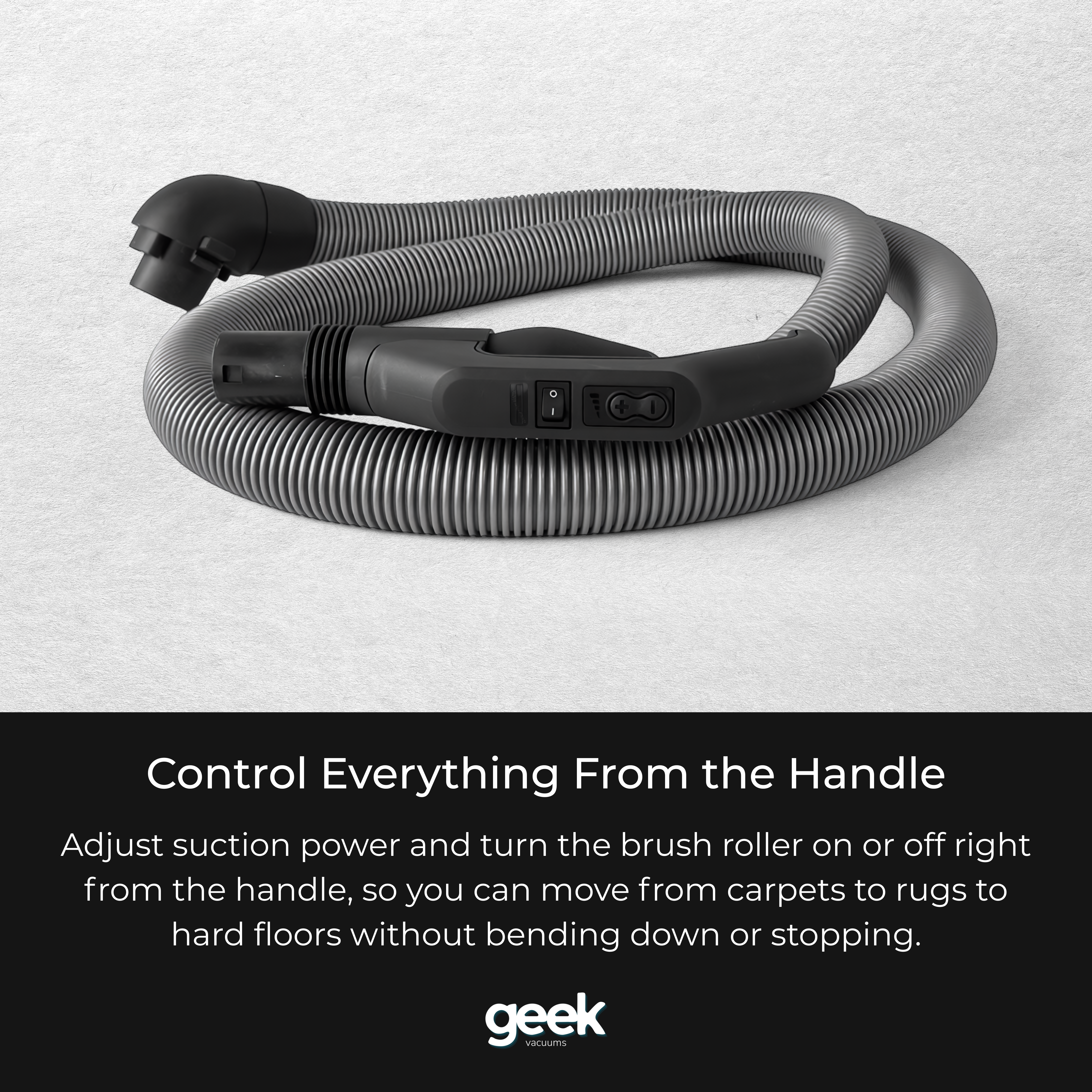 SEBO D4 dual control handle with fingertip controls for adjusting suction and turning the powerhead brush roll on or off while vacuuming.