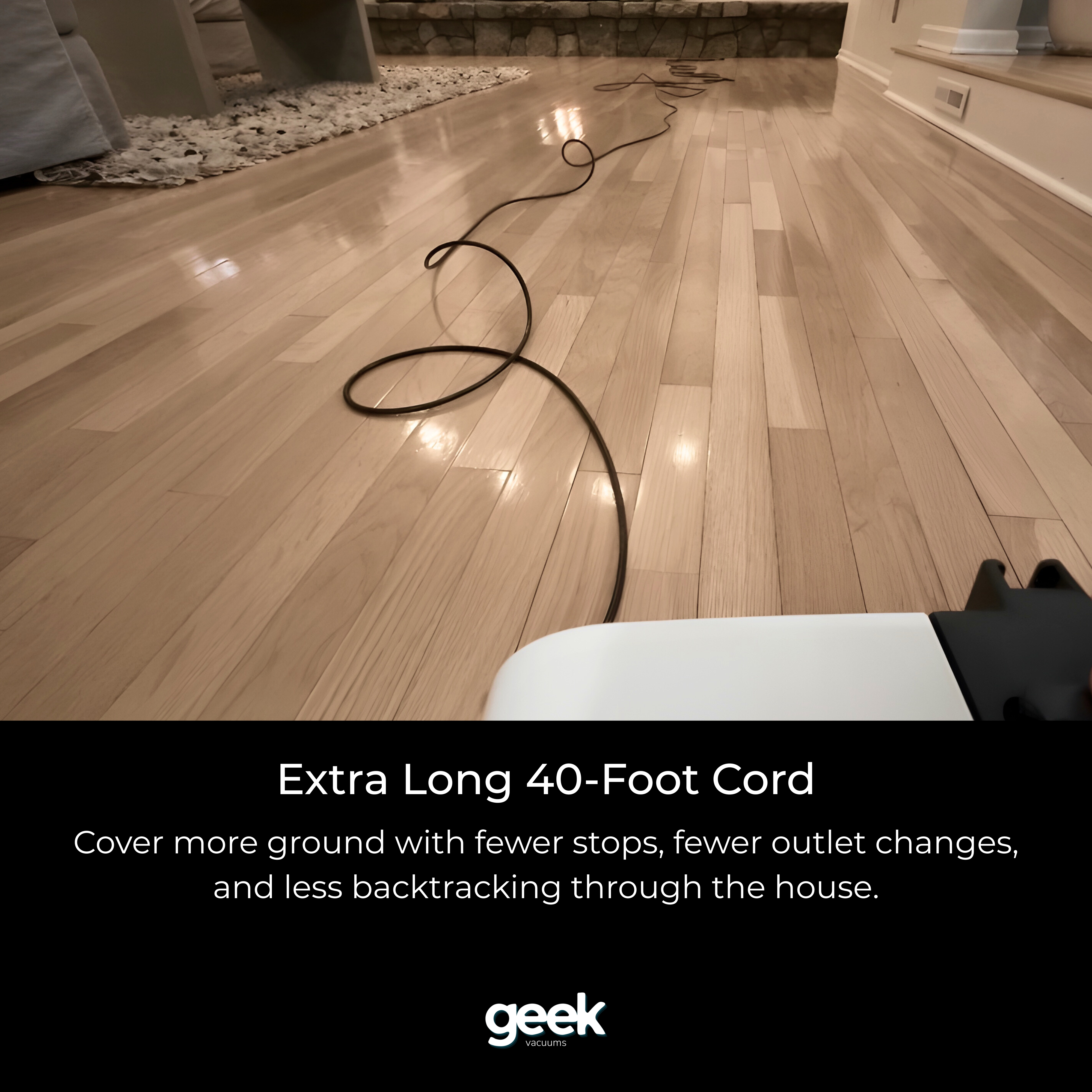 SEBO D4 canister vacuum with extra-long 40-foot cord for a larger cleaning radius and fewer outlet changes.