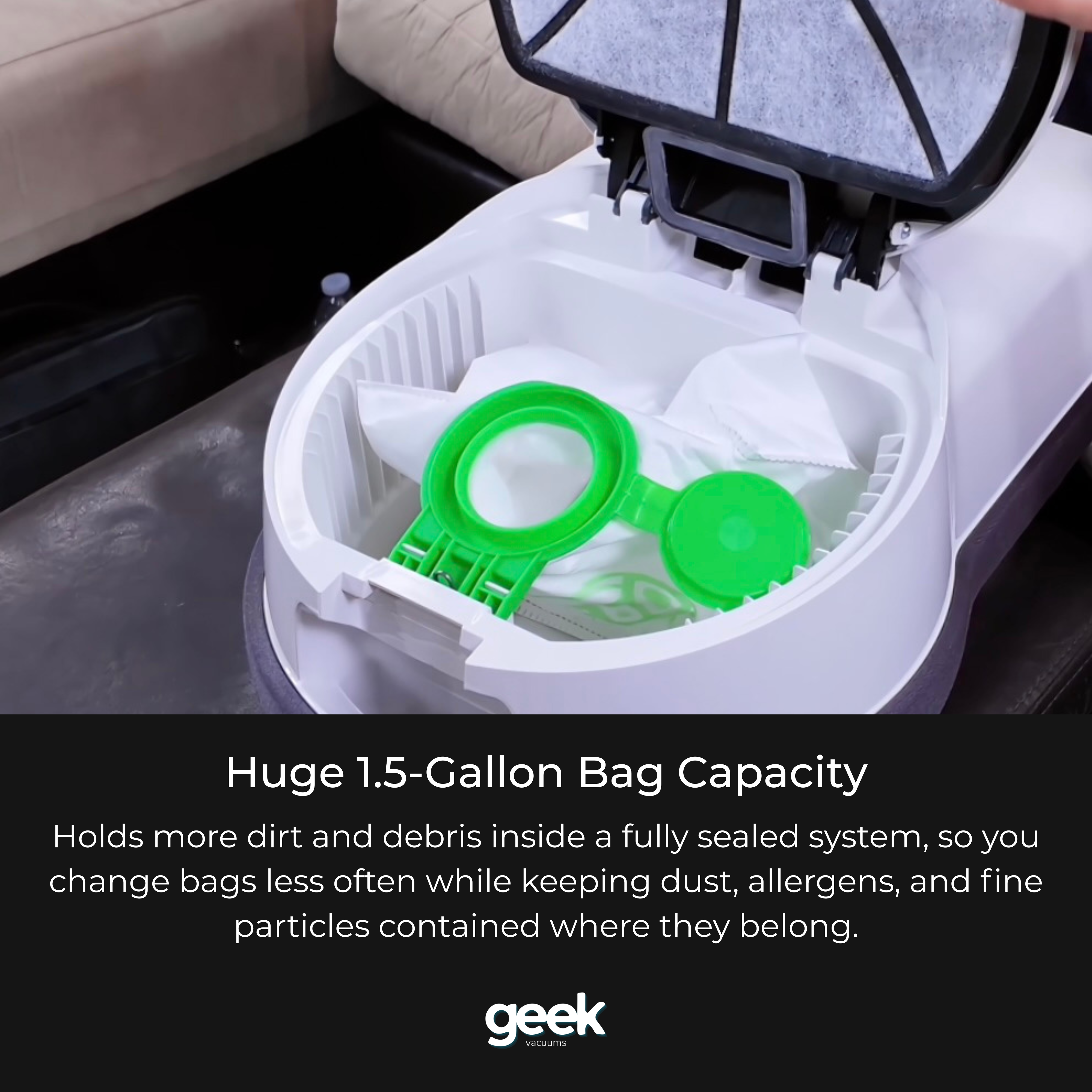 SEBO D4 large-capacity filter bag designed to hold more dirt and reduce how often the vacuum bag needs changing.