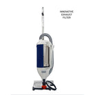 White and navy SEBO Dart upright vacuum highlighting its innovative exhaust filter.