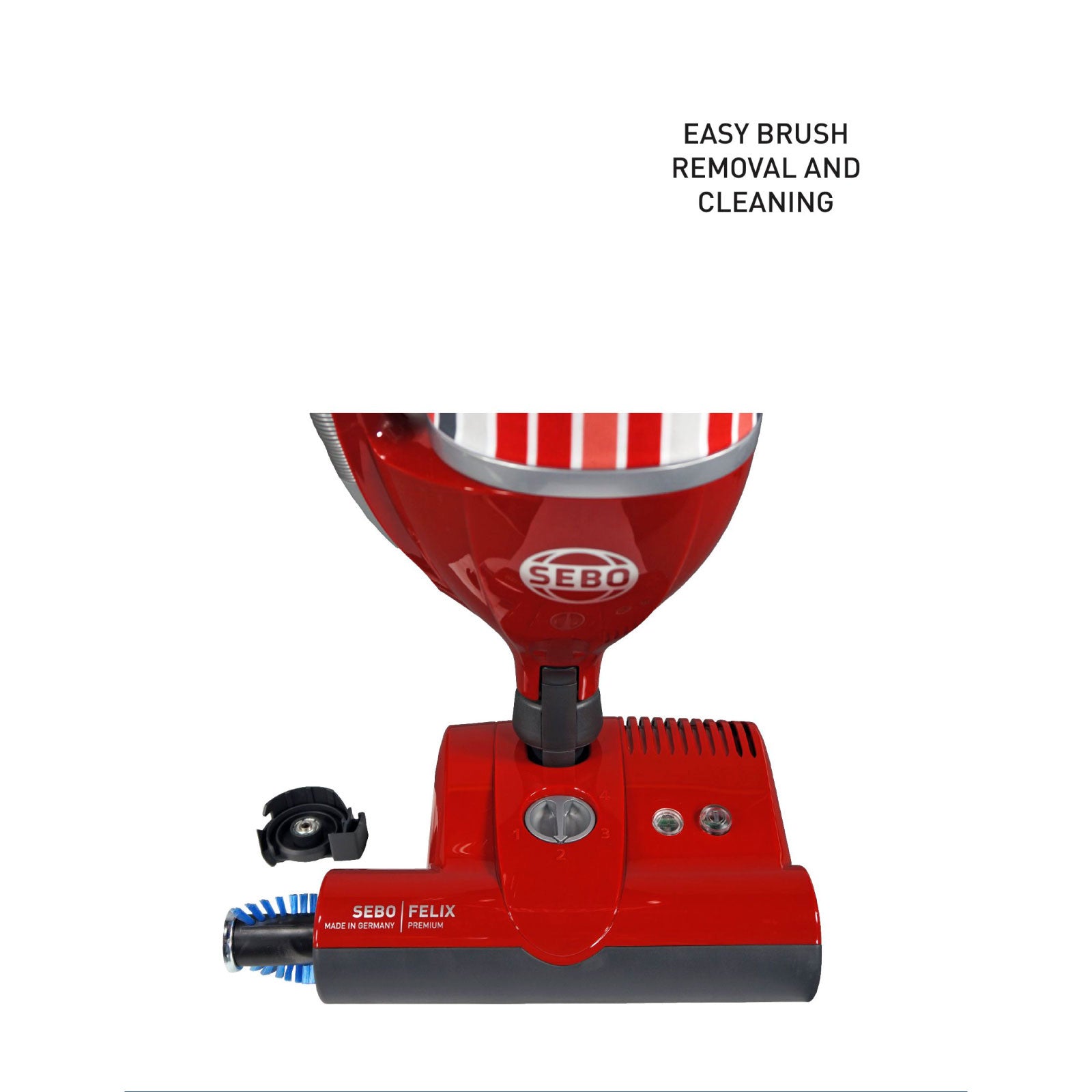 Close-up of the SEBO Felix Premium's brush roll, showing easy tool-free removal and cleaning.
