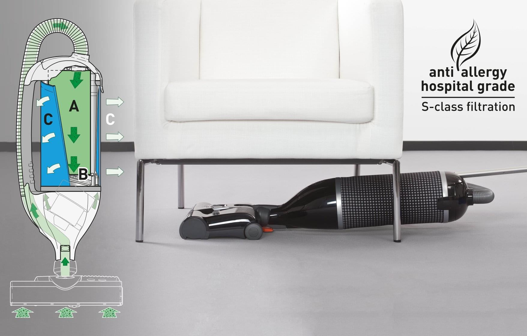 White SEBO Felix Premium upright vacuum lying flat on the floor next to a white chair, demonstrating its low-profile design for cleaning under furniture.