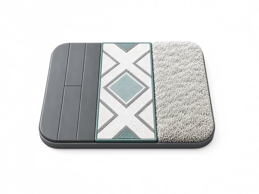 Symbol showing hardwood flooring and an area rug for vacuum floor type guides.